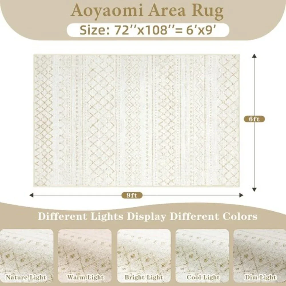 New 6x9 Beige Boho Moroccan Rug, Washable Non-Slip Geometric Carpet for Home